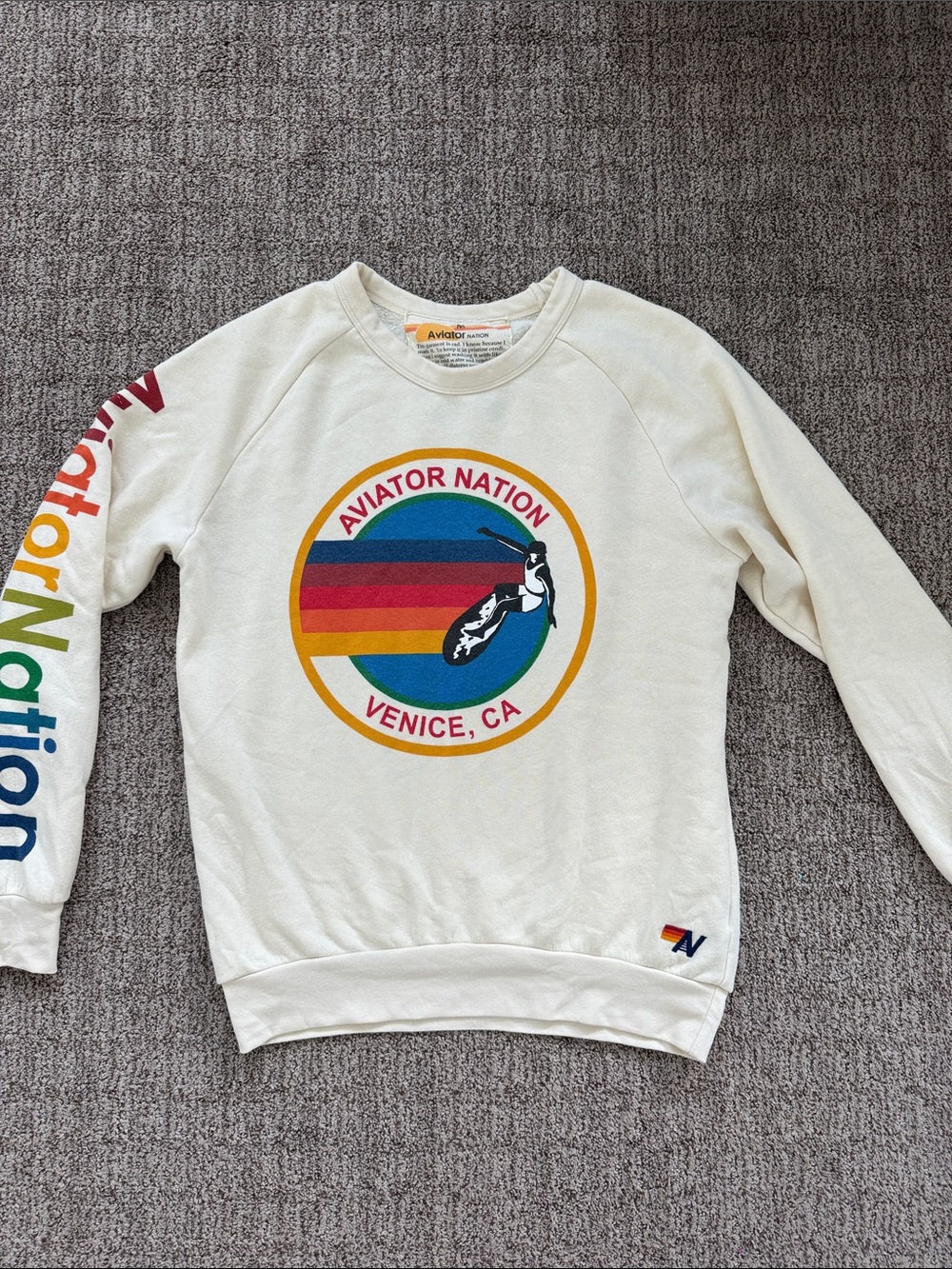 Aviator Nation Cream Crewneck with Rainbow Surf Graphic